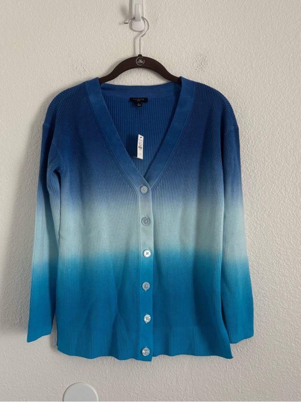 NWT Talbots Women's Size P Blue Ombre Button Front V-Neck Cardigan Sweater